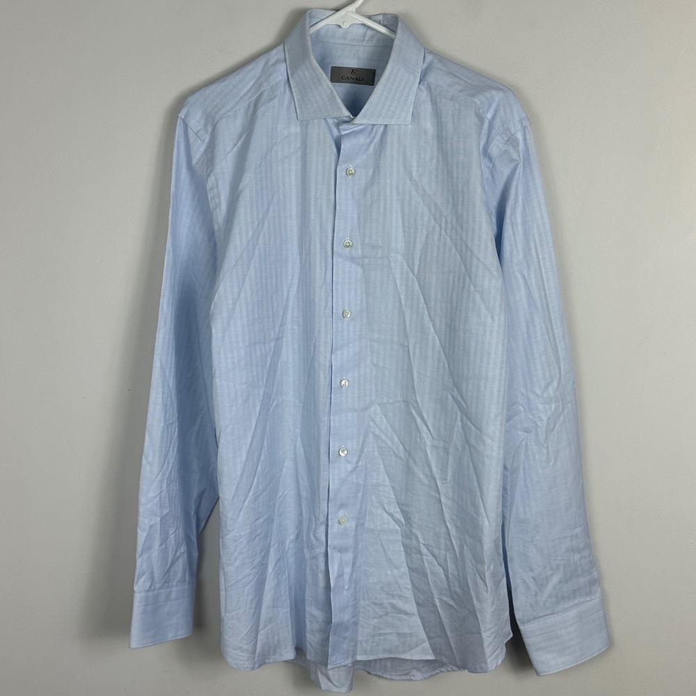 Canali Blue Long Sleeve Dress Shirt Mens Size 43 Neck 17 Italy Cotton Collared